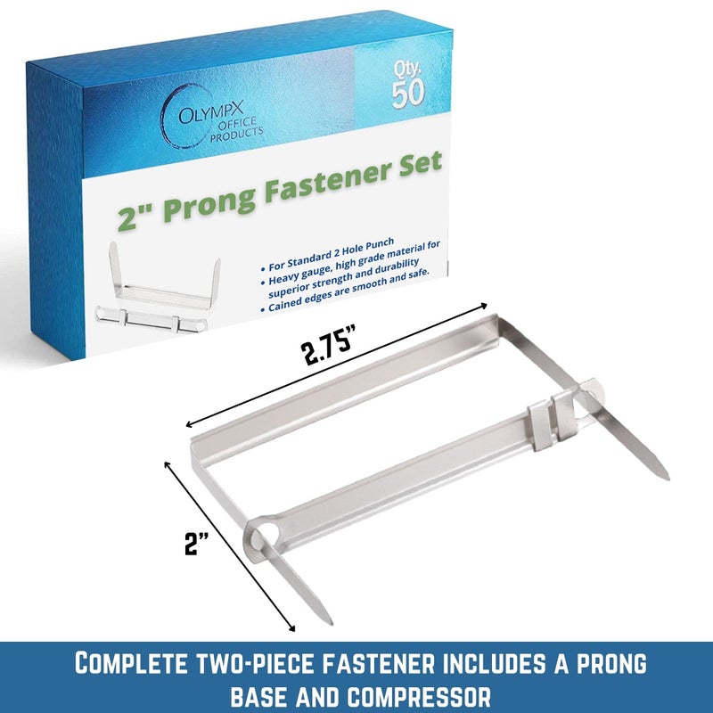OLYMPX 50 Pcs of 2  Capacity Premium Metal Prong Paper Fastener Complete Set  2.75 Inch Base with Standard 2-Hole Punch Compressor for Paper File Folder  50 per Box - Image 2